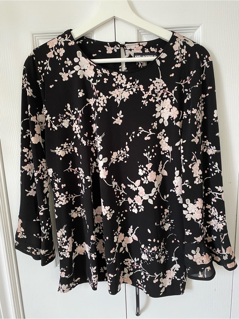 Karl Lagerfeld Paris Cherry Blossom print stretch jersey blouse trumpet sleeve S